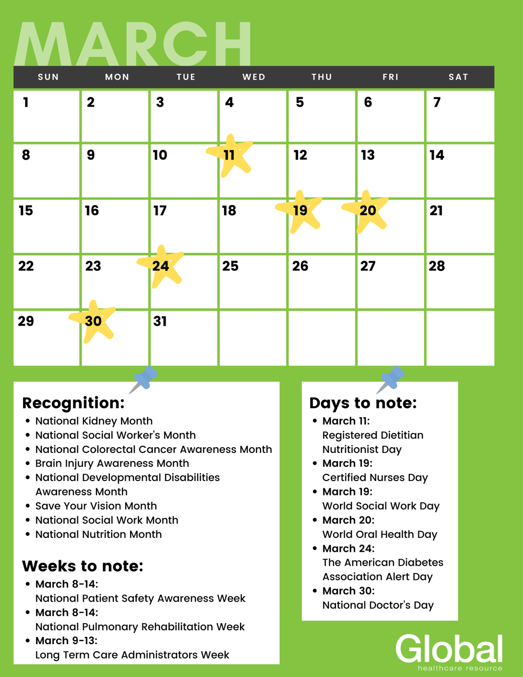 March Health Awareness Calendar Month, Weeks, and Days
